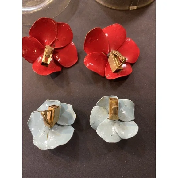 Vintage By Bohmer Red & Blue Enamel 3D Floral Clip-On Earrings Original Box - Picture 11 of 16